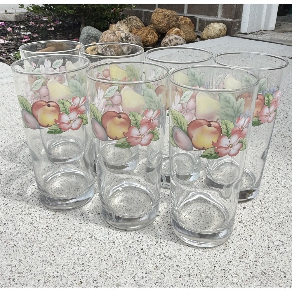 Epoch Market Day Fruit Floral 16 Oz Tumblers Glasses Set of 7 Vintage Cottage